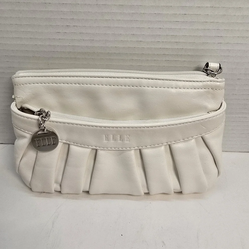 Elle Cream White Pleated Clutch Wristlet Featuring Logo‎ Charm